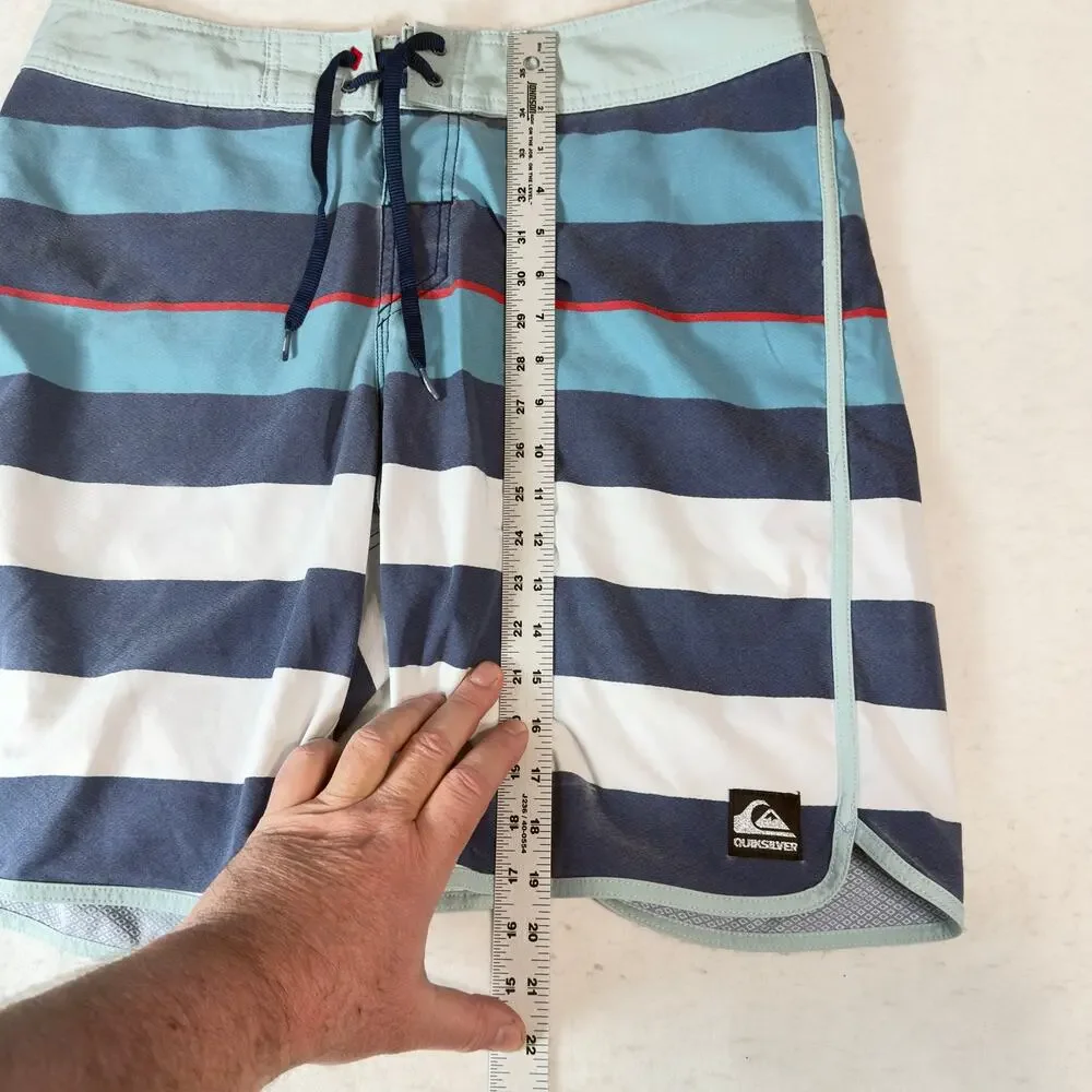 Quiksilver W34 Board Shorts Blue Stripe Swim Trunk Recycled Polyester Drawstring